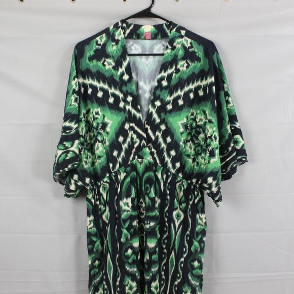 Farm Rio Dress Women Extra Large Kimono Maxi Ikat Green Black Boho Chic Tropical - Picture 2 of 10